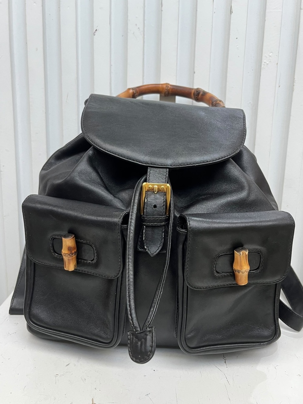 Gucci Black Leather Backpack with Bamboo Handle and Bamboo Toggle Accents